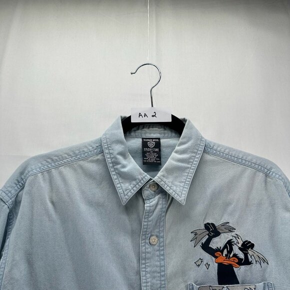 Warner Bros Studio Store Shirt Mens M Button Up Duffy Duck Denim Vtg Light Blue - Picture 14 of 14